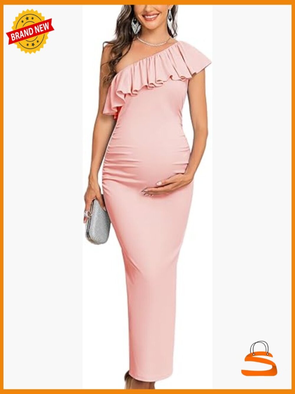 One Shoulder Ruffle Maternity Maxi Dress Ruched Summer Photoshoot - Picture 1 of 7